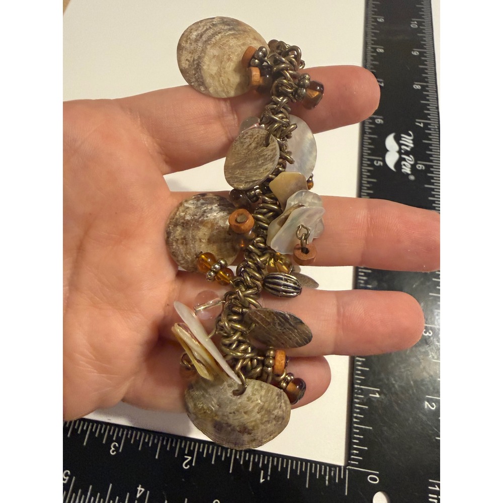 Boho Shell Charm Bracelet Brass Tone Mother of Pearl Wood Amber Bead Stretch